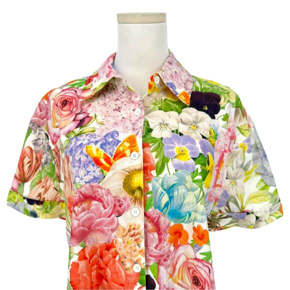 Alice + Olivia Cropped Floral Print Shirt Linen Blend Short Sleeve S Spring - Picture 2 of 7